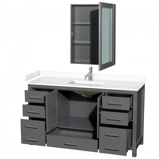 60 Inch Single Bathroom Vanity in Dark Gray, White Cultured Marble Countertop, Sink, Medicine Cabinet