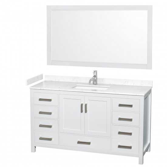 60 Inch Single Bathroom Vanity in White, Carrara Cultured Marble Countertop, Sink, 58 Inch Mirror