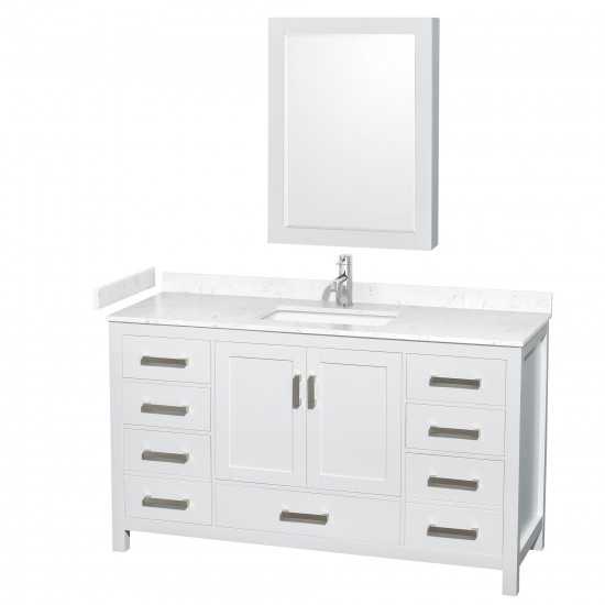 60 Inch Single Bathroom Vanity in White, Carrara Cultured Marble Countertop, Sink, Medicine Cabinet