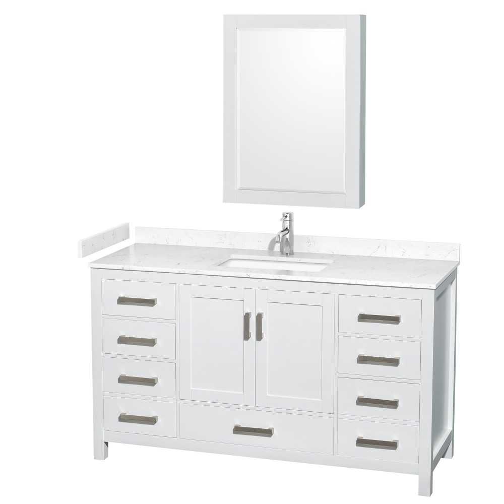 60 Inch Single Bathroom Vanity in White, Carrara Cultured Marble Countertop, Sink, Medicine Cabinet