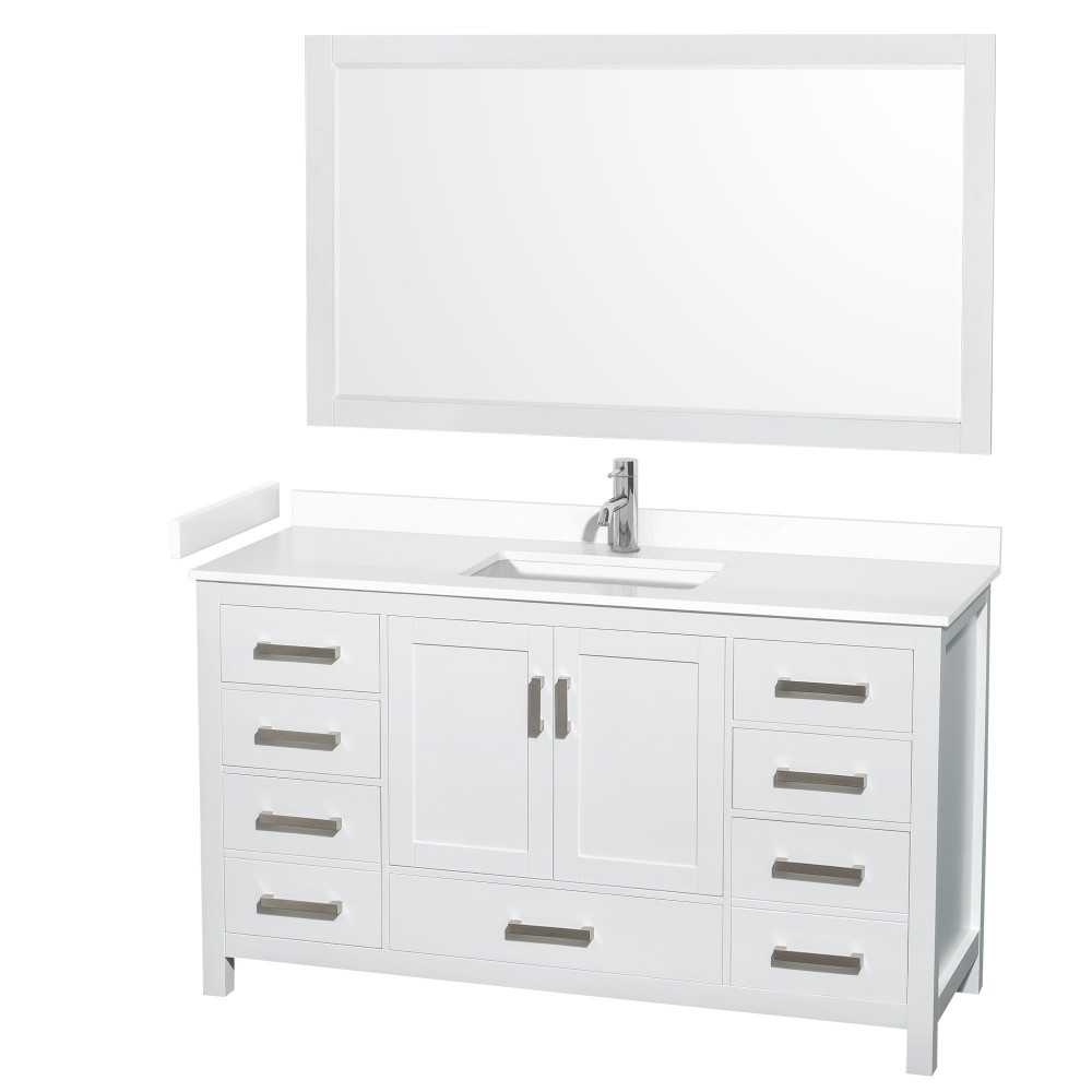 60 Inch Single Bathroom Vanity in White, White Cultured Marble Countertop, Sink, 58 Inch Mirror