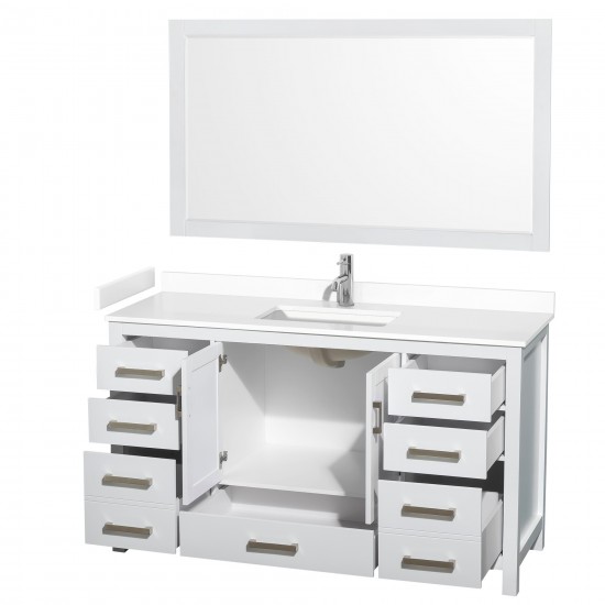 60 Inch Single Bathroom Vanity in White, White Cultured Marble Countertop, Sink, 58 Inch Mirror