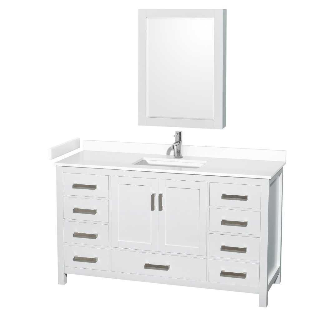 60 Inch Single Bathroom Vanity in White, White Cultured Marble Countertop, Sink, Medicine Cabinet