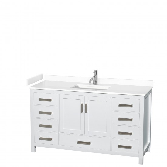 60 Inch Single Bathroom Vanity in White, White Cultured Marble Countertop, Sink, No Mirror