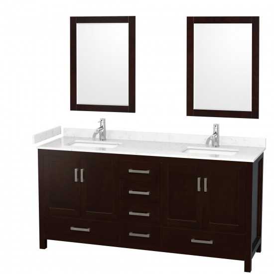 72 Inch Double Bathroom Vanity in Espresso, Carrara Cultured Marble Countertop, Sinks, 24 Inch Mirrors