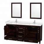 72 Inch Double Bathroom Vanity in Espresso, Carrara Cultured Marble Countertop, Sinks, 24 Inch Mirrors