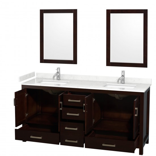 72 Inch Double Bathroom Vanity in Espresso, Carrara Cultured Marble Countertop, Sinks, 24 Inch Mirrors