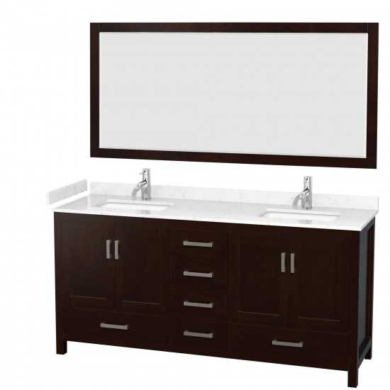 72 Inch Double Bathroom Vanity in Espresso, Carrara Cultured Marble Countertop, Sinks, 70 Inch Mirror