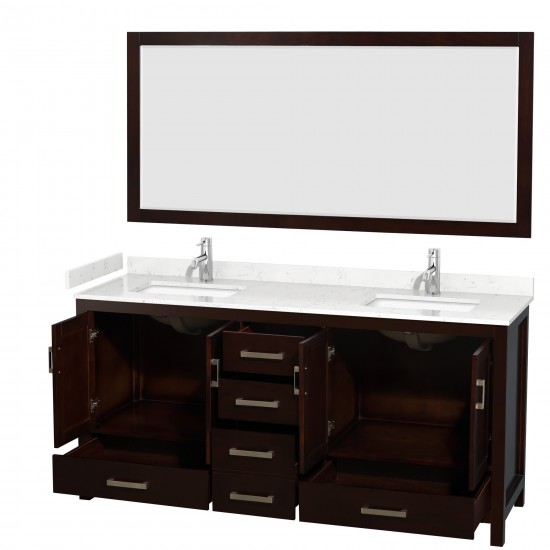 72 Inch Double Bathroom Vanity in Espresso, Carrara Cultured Marble Countertop, Sinks, 70 Inch Mirror