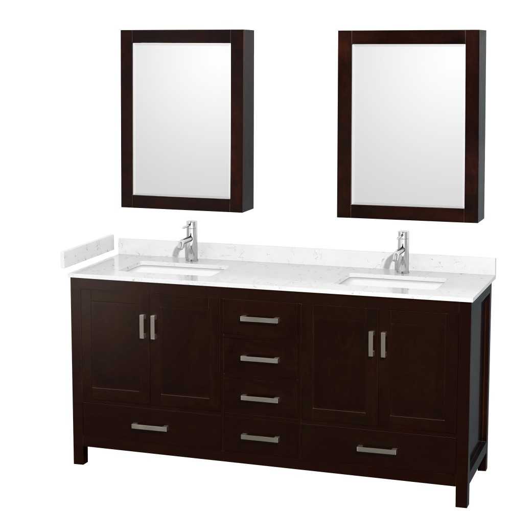 72 Inch Double Bathroom Vanity in Espresso, Carrara Cultured Marble Countertop, Sinks, Medicine Cabinets