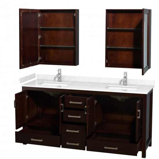 72 Inch Double Bathroom Vanity in Espresso, Carrara Cultured Marble Countertop, Sinks, Medicine Cabinets