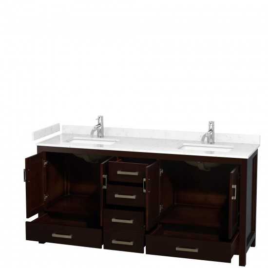 72 Inch Double Bathroom Vanity in Espresso, Carrara Cultured Marble Countertop, Sinks, No Mirror