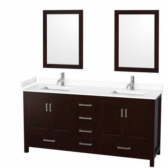 72 Inch Double Bathroom Vanity in Espresso, White Cultured Marble Countertop, Sinks, 24 Inch Mirrors