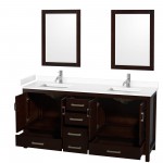 72 Inch Double Bathroom Vanity in Espresso, White Cultured Marble Countertop, Sinks, 24 Inch Mirrors