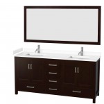 72 Inch Double Bathroom Vanity in Espresso, White Cultured Marble Countertop, Sinks, 70 Inch Mirror