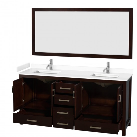 72 Inch Double Bathroom Vanity in Espresso, White Cultured Marble Countertop, Sinks, 70 Inch Mirror