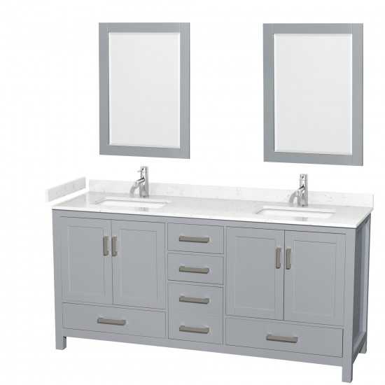 72 Inch Double Bathroom Vanity in Gray, Carrara Cultured Marble Countertop, Sinks, 24 Inch Mirrors