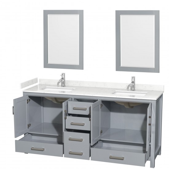 72 Inch Double Bathroom Vanity in Gray, Carrara Cultured Marble Countertop, Sinks, 24 Inch Mirrors