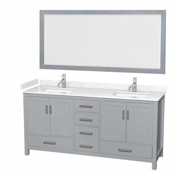 72 Inch Double Bathroom Vanity in Gray, Carrara Cultured Marble Countertop, Sinks, 70 Inch Mirror