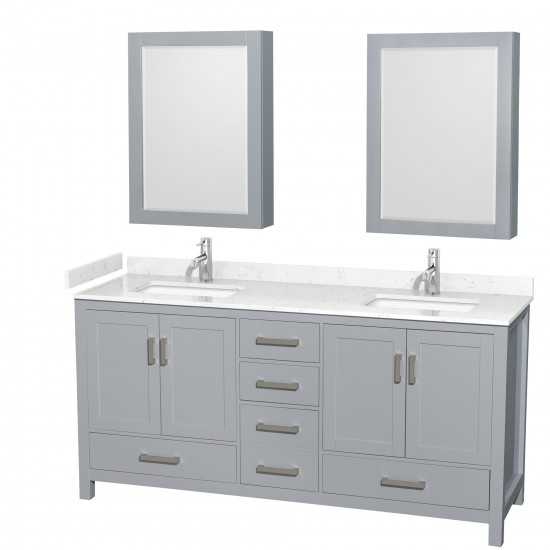 72 Inch Double Bathroom Vanity in Gray, Carrara Cultured Marble Countertop, Sinks, Medicine Cabinets