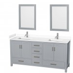 72 Inch Double Bathroom Vanity in Gray, White Cultured Marble Countertop, Sinks, 24 Inch Mirrors