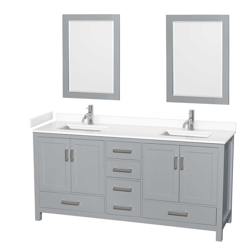 72 Inch Double Bathroom Vanity in Gray, White Cultured Marble Countertop, Sinks, 24 Inch Mirrors