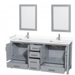 72 Inch Double Bathroom Vanity in Gray, White Cultured Marble Countertop, Sinks, 24 Inch Mirrors