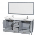 72 Inch Double Bathroom Vanity in Gray, White Cultured Marble Countertop, Sinks, 70 Inch Mirror