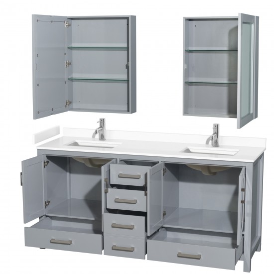 72 Inch Double Bathroom Vanity in Gray, White Cultured Marble Countertop, Sinks, Medicine Cabinets