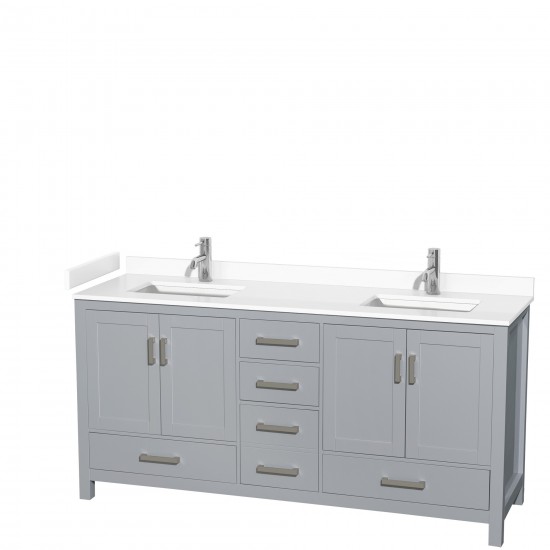 72 Inch Double Bathroom Vanity in Gray, White Cultured Marble Countertop, Sinks, No Mirror