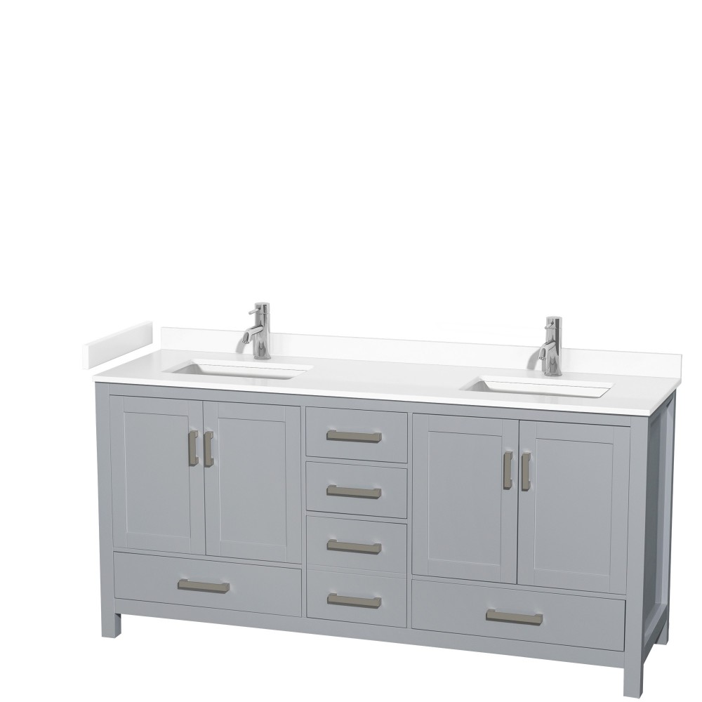 72 Inch Double Bathroom Vanity in Gray, White Cultured Marble Countertop, Sinks, No Mirror