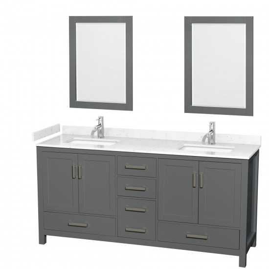 72 Inch Double Bathroom Vanity in Dark Gray, Carrara Cultured Marble Countertop, Sinks, 24 Inch Mirrors