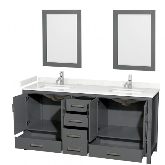 72 Inch Double Bathroom Vanity in Dark Gray, Carrara Cultured Marble Countertop, Sinks, 24 Inch Mirrors