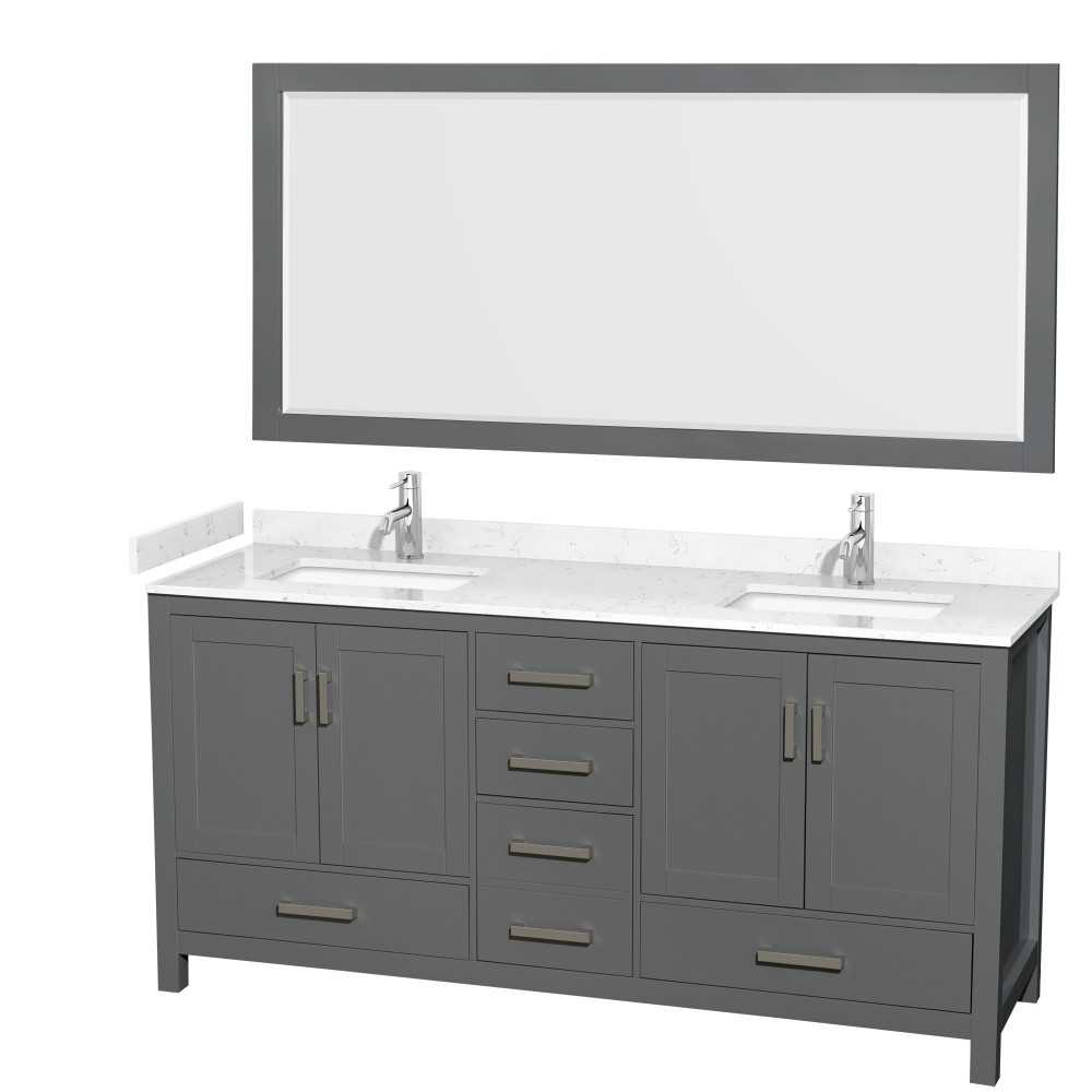 72 Inch Double Bathroom Vanity in Dark Gray, Carrara Cultured Marble Countertop, Sinks, 70 Inch Mirror