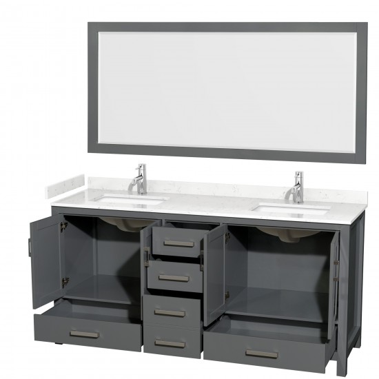 72 Inch Double Bathroom Vanity in Dark Gray, Carrara Cultured Marble Countertop, Sinks, 70 Inch Mirror