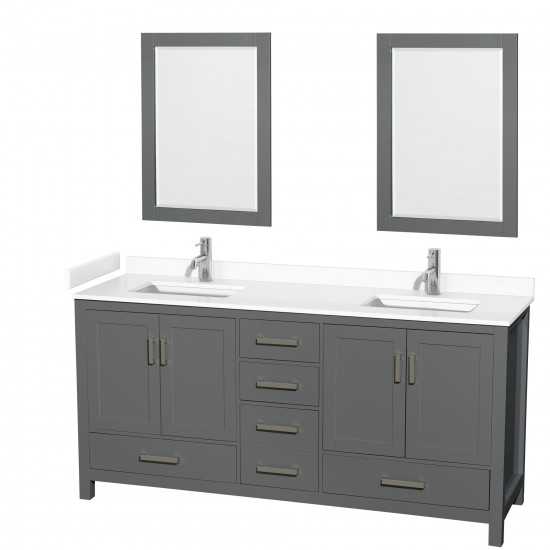 72 Inch Double Bathroom Vanity in Dark Gray, White Cultured Marble Countertop, Sinks, 24 Inch Mirrors