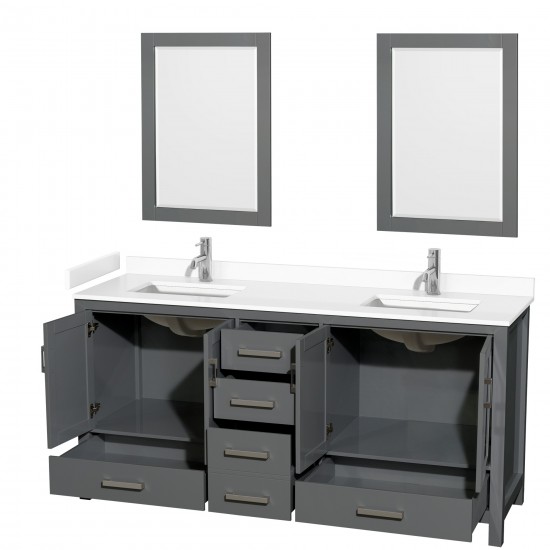 72 Inch Double Bathroom Vanity in Dark Gray, White Cultured Marble Countertop, Sinks, 24 Inch Mirrors