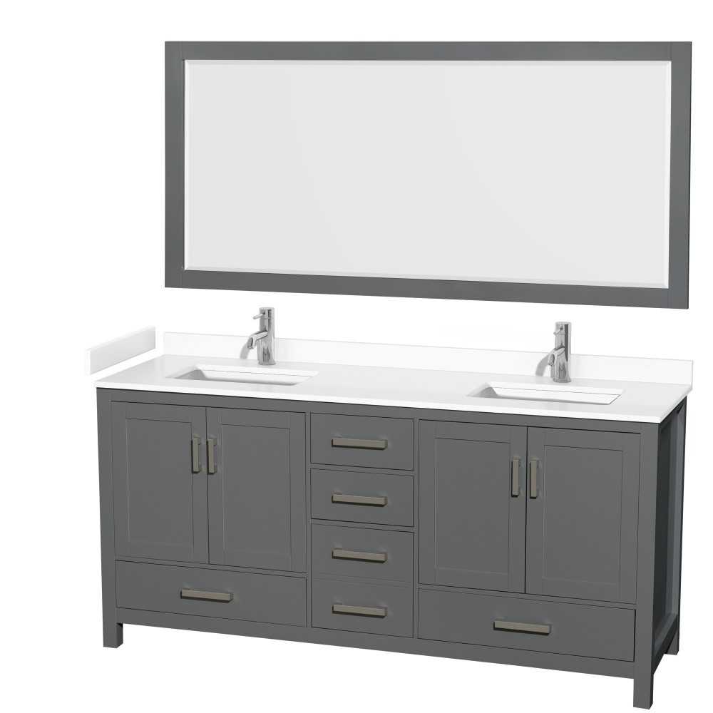 72 Inch Double Bathroom Vanity in Dark Gray, White Cultured Marble Countertop, Sinks, 70 Inch Mirror