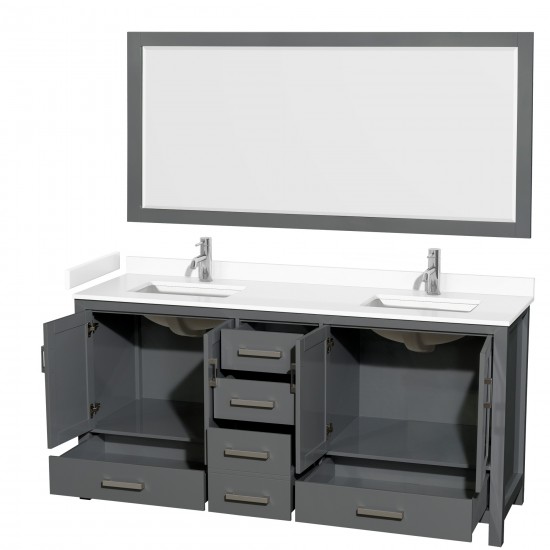 72 Inch Double Bathroom Vanity in Dark Gray, White Cultured Marble Countertop, Sinks, 70 Inch Mirror