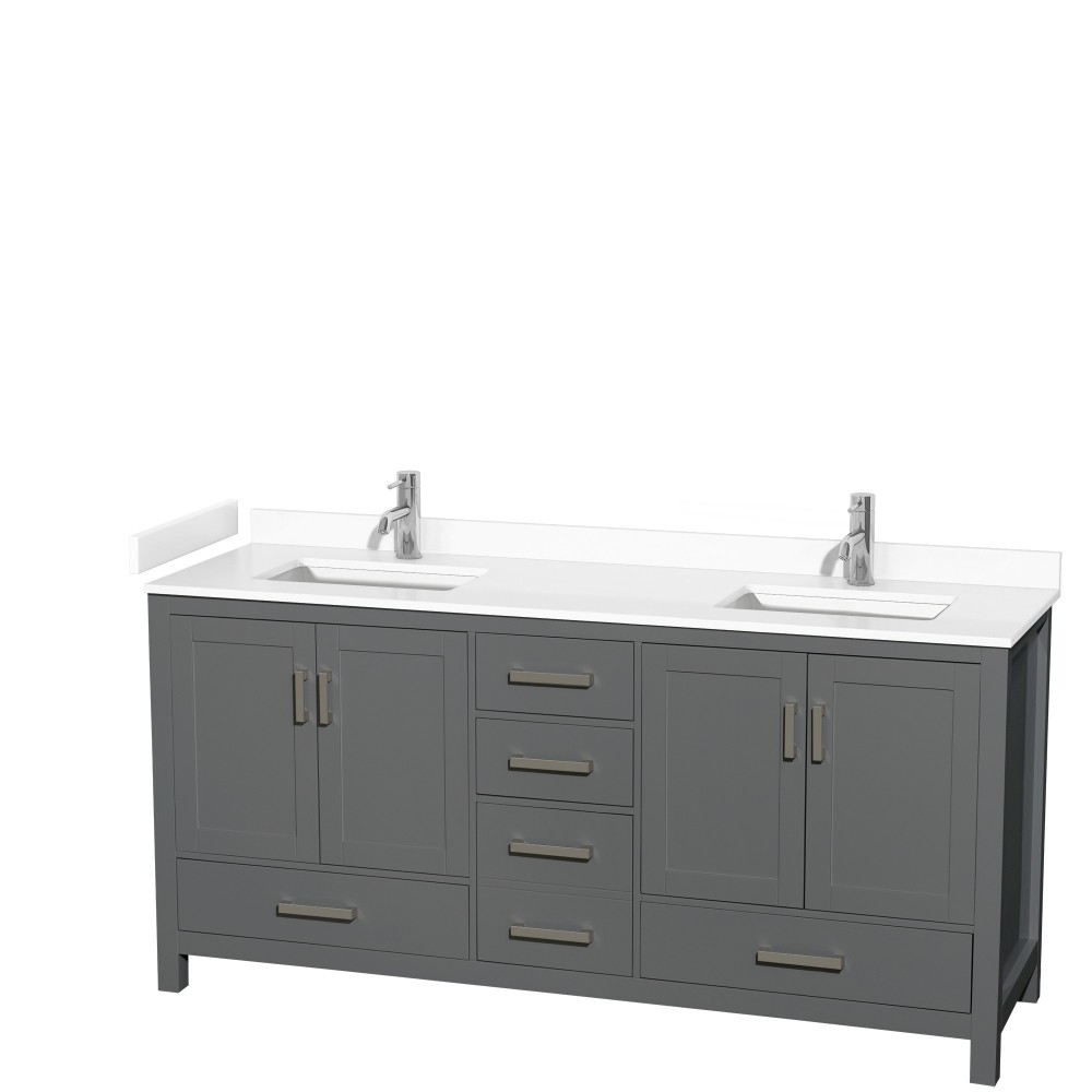 72 Inch Double Bathroom Vanity in Dark Gray, White Cultured Marble Countertop, Sinks, No Mirror