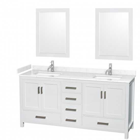 72 Inch Double Bathroom Vanity in White, Carrara Cultured Marble Countertop, Sinks, 24 Inch Mirrors