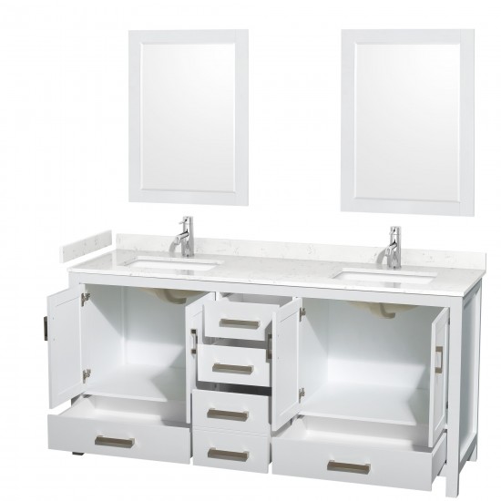 72 Inch Double Bathroom Vanity in White, Carrara Cultured Marble Countertop, Sinks, 24 Inch Mirrors