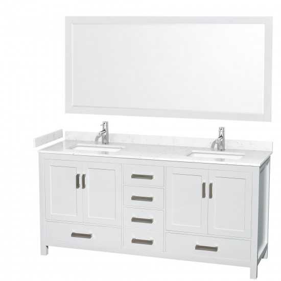 72 Inch Double Bathroom Vanity in White, Carrara Cultured Marble Countertop, Sinks, 70 Inch Mirror