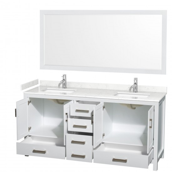 72 Inch Double Bathroom Vanity in White, Carrara Cultured Marble Countertop, Sinks, 70 Inch Mirror