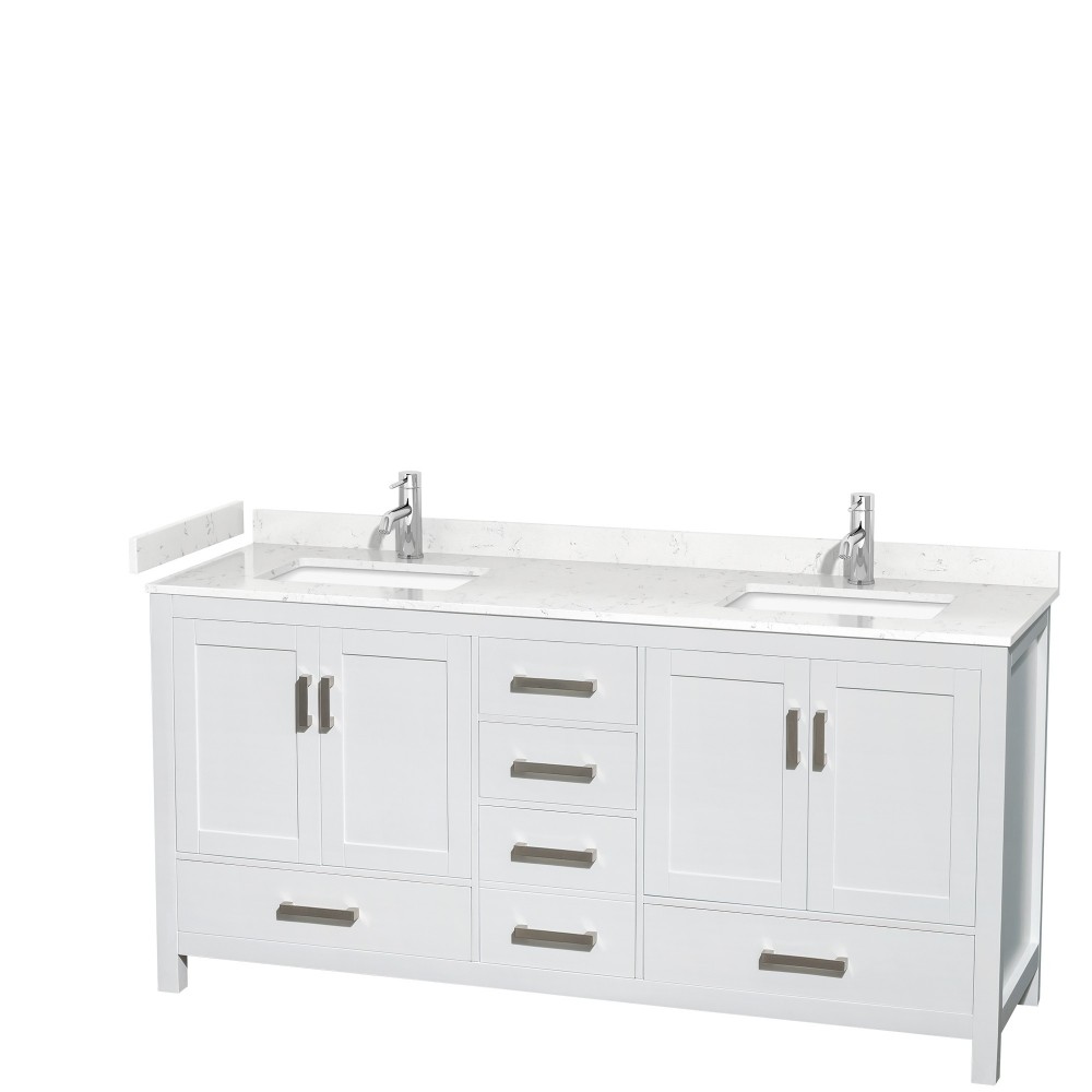 72 Inch Double Bathroom Vanity in White, Carrara Cultured Marble Countertop, Sinks, No Mirror