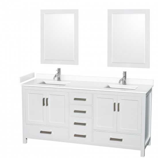 72 Inch Double Bathroom Vanity in White, White Cultured Marble Countertop, Sinks, 24 Inch Mirrors