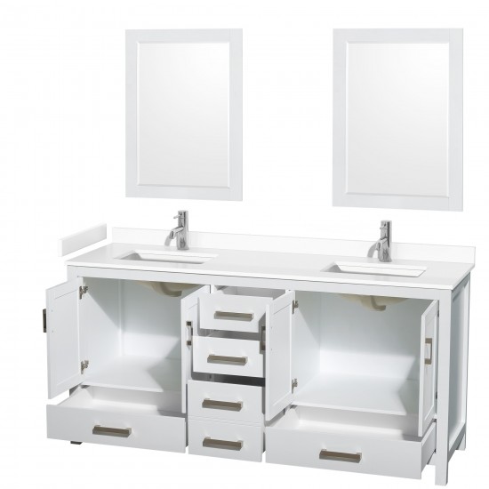 72 Inch Double Bathroom Vanity in White, White Cultured Marble Countertop, Sinks, 24 Inch Mirrors