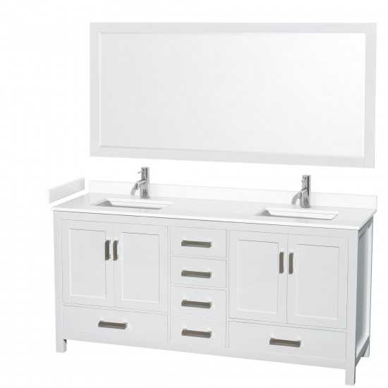 72 Inch Double Bathroom Vanity in White, White Cultured Marble Countertop, Sinks, 70 Inch Mirror