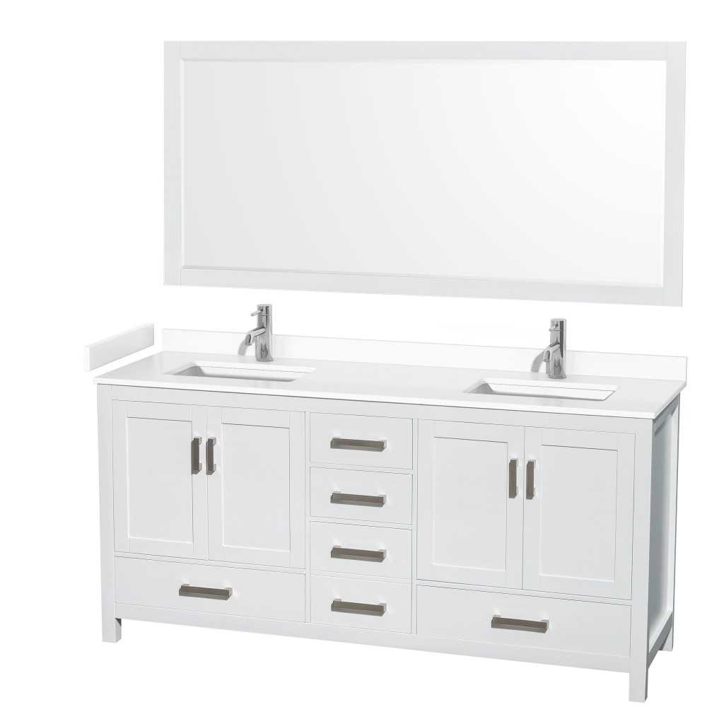 72 Inch Double Bathroom Vanity in White, White Cultured Marble Countertop, Sinks, 70 Inch Mirror