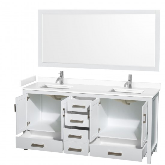 72 Inch Double Bathroom Vanity in White, White Cultured Marble Countertop, Sinks, 70 Inch Mirror